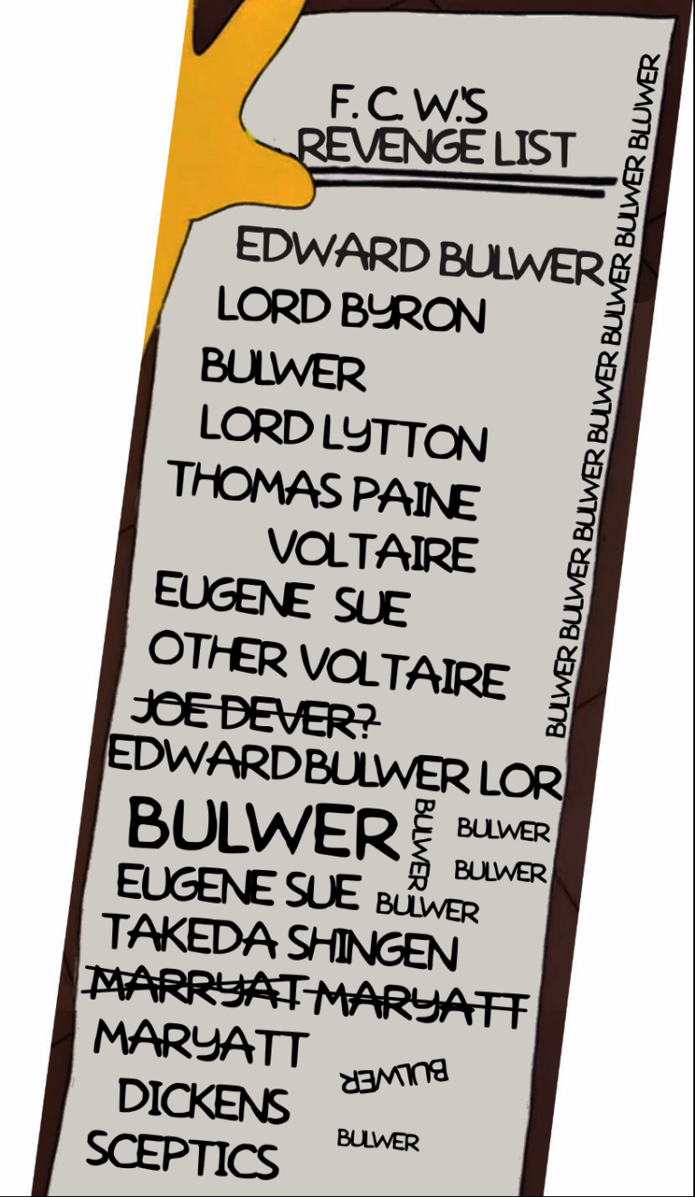 A list in Homer Simpson's handwriting: "F. C. W.'s Revenge List: Edward Bulwer, Lord Byron, Bulwer, Lord Lytton, Thomas Paine, Voltaire, Eugene Sue, Other Voltaire, Joe Dever? (scratched out) Edward Bulwer Lor (runs off the page) BULWER (written large), Eugene Sue, Takeda Shingen, Marryat (crossed out) Marryatt (also crossed out) Maryatt, Dickens, Sceptics" with "Bulwer" written at any angle in any blank space available, and "BULWERBULWERBULWERBULWERBULWERBULWER" running up the right side of the page.