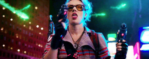 Holtzmann licks her gun from the climactic scene in Ghostbusters: Answer the Call
