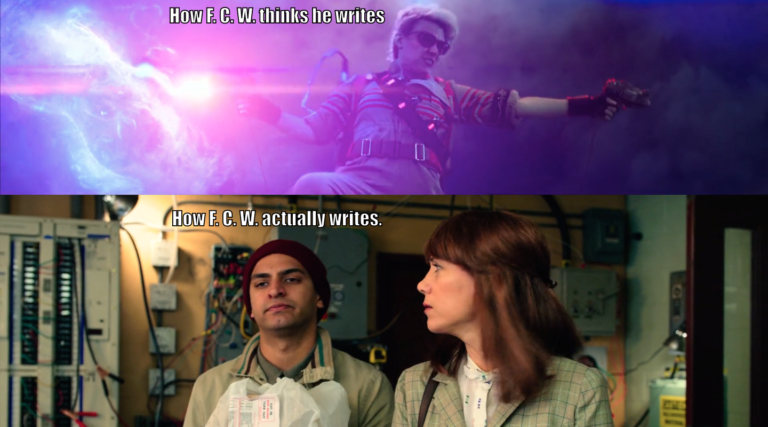 Holtzmann's CMA in the Battle of Times Square: How F. C. W. thinks he writes. Benny looking 201% checked out while Erin looks at him in a not-super-impressed way: How F. C. W. actually writes.