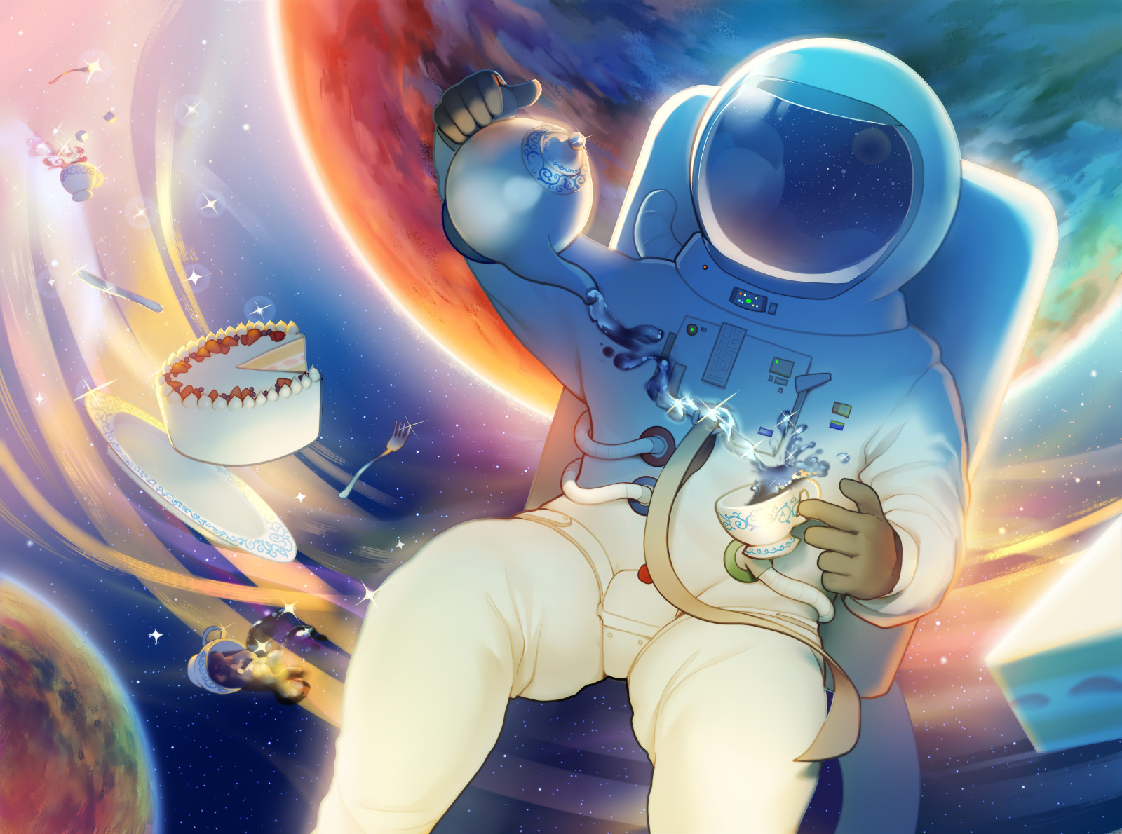 Digital painting of an astronaut pouring tea while floating between glowing planets