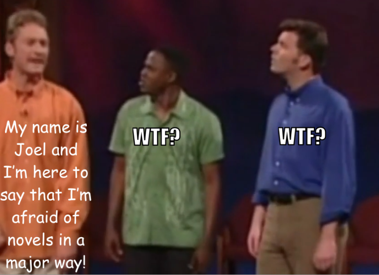 Ryan Styles says, "My name is Joel and I'm here to say that I'm afraid of novels in a major way!" Meanwhile, Wayne Brady and Brad Sherwood look on, thinking "WTF?"