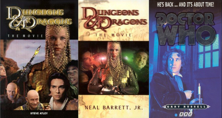 Cover images for the young adult and regular novelizations of the Dungeons and Dragons movie, plus the cover of the novelization of the 1996 Doctor Who movie